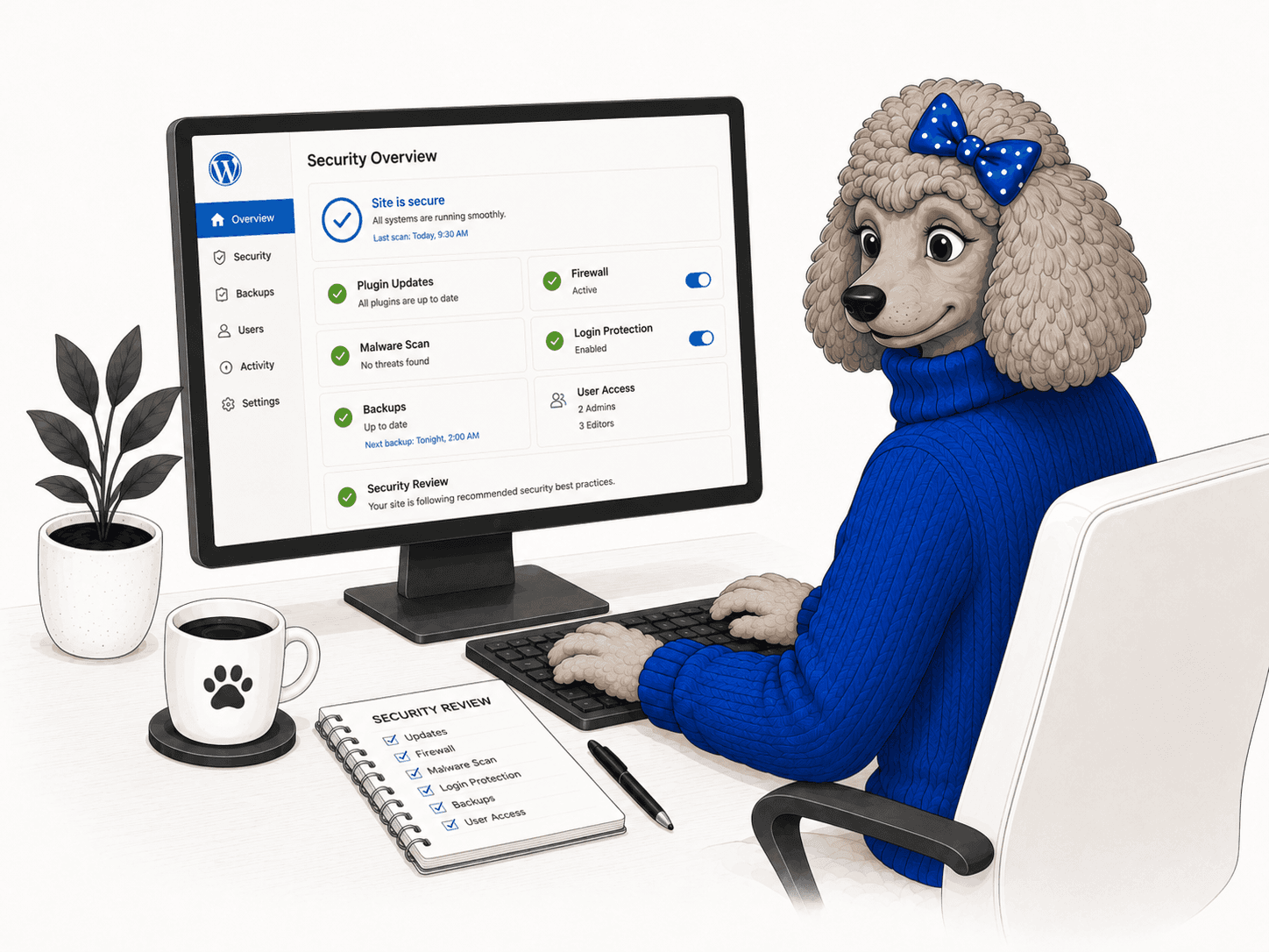 A poodle reviewing WordPress website security at a desk